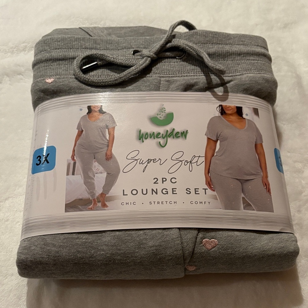 Honeydew Intimates Soft Gray Pink Embroidered Hearts Lounge Set BNWT 3X